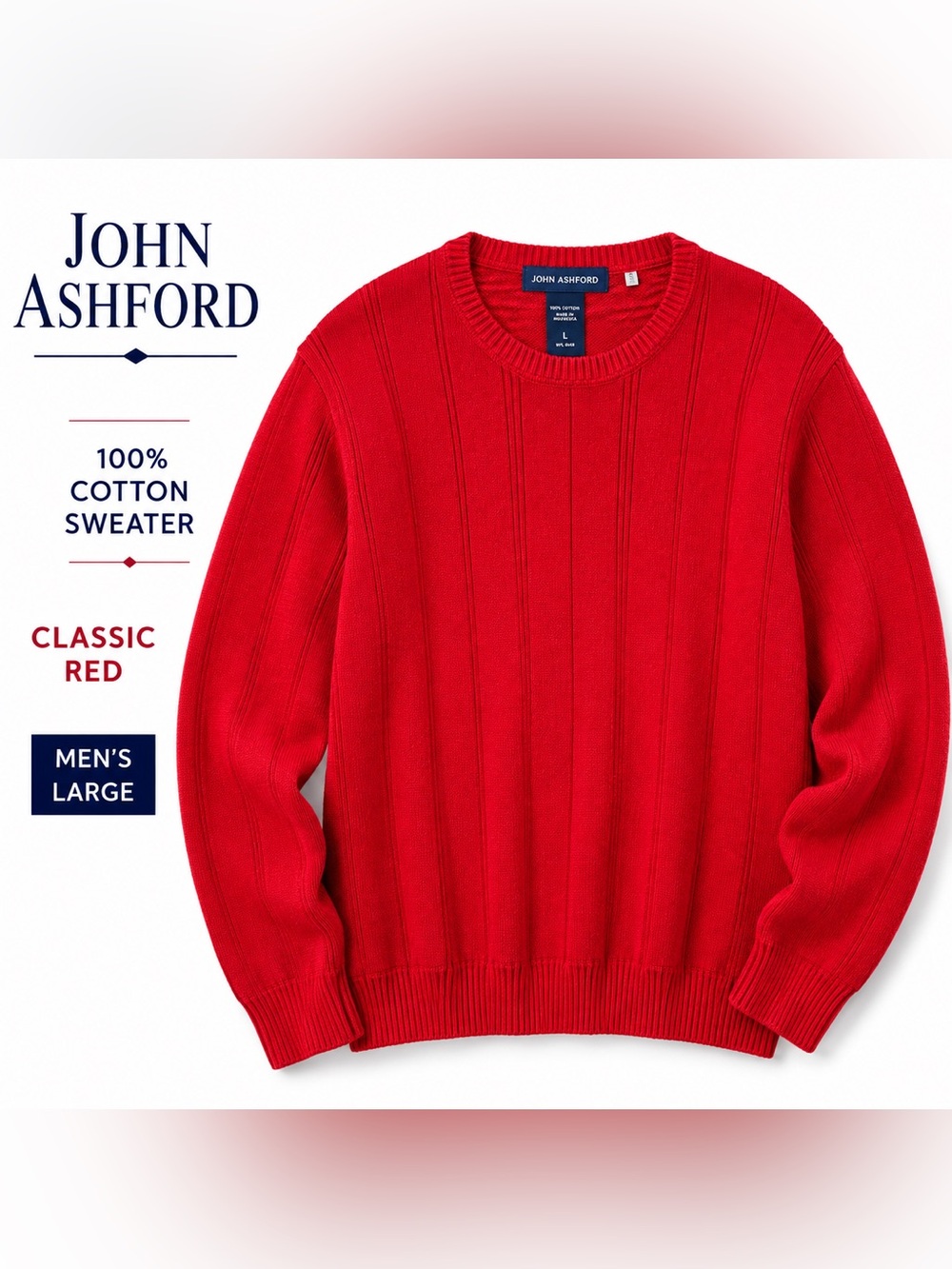 John Ashford 100% Cotton Rib Knit Sweater Red Crewneck Men’s Large